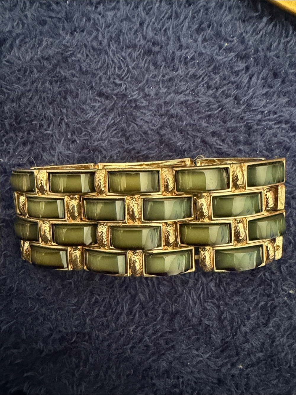 Gold-Tone Bracelet with Olive Green Inlays elastic, 80s